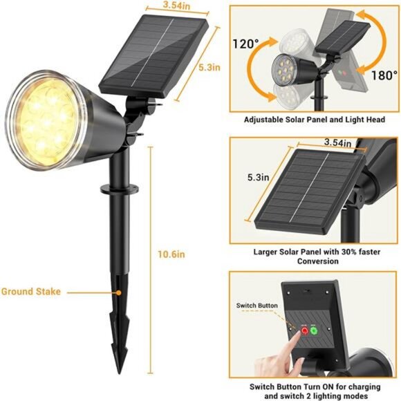Solar Spot Lights Outdoor Waterproof: 1000LM Big Adjustable Spotlight - 2-in-1 - Picture 6 of 8